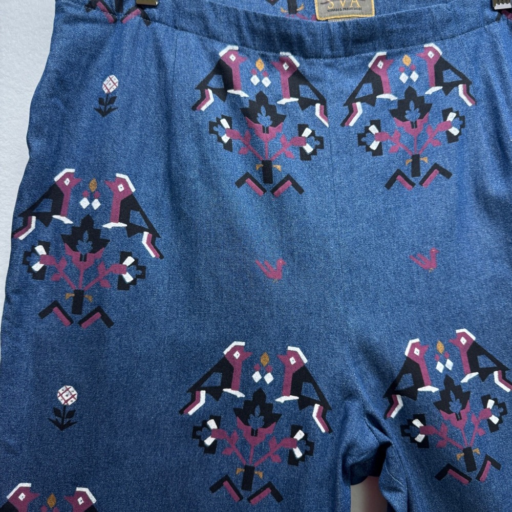 Anthropologie SVA Sonam Paras Modi Boho Bird Floral Blue Denim Pants Size 10 - Picture 5 of 16